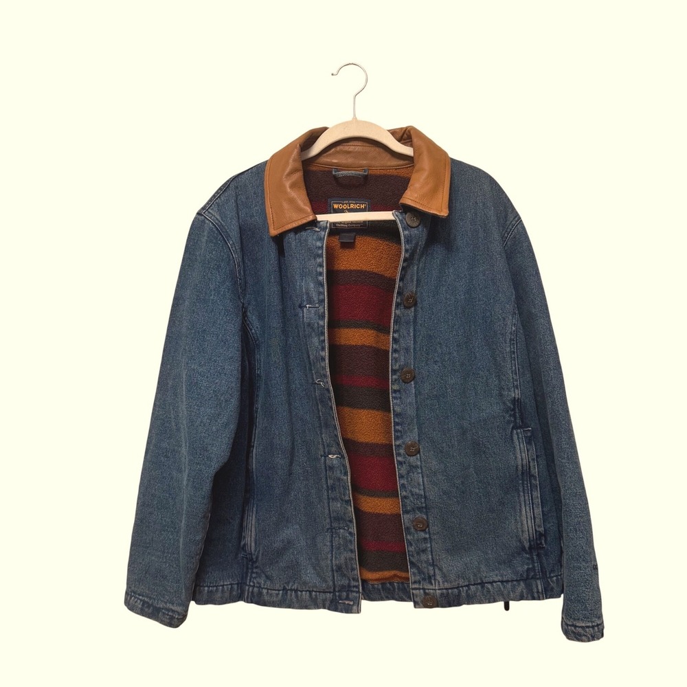 Vintage Woolrich Women's L Denim Barn Jacket Leather Collar Blanket Lined
